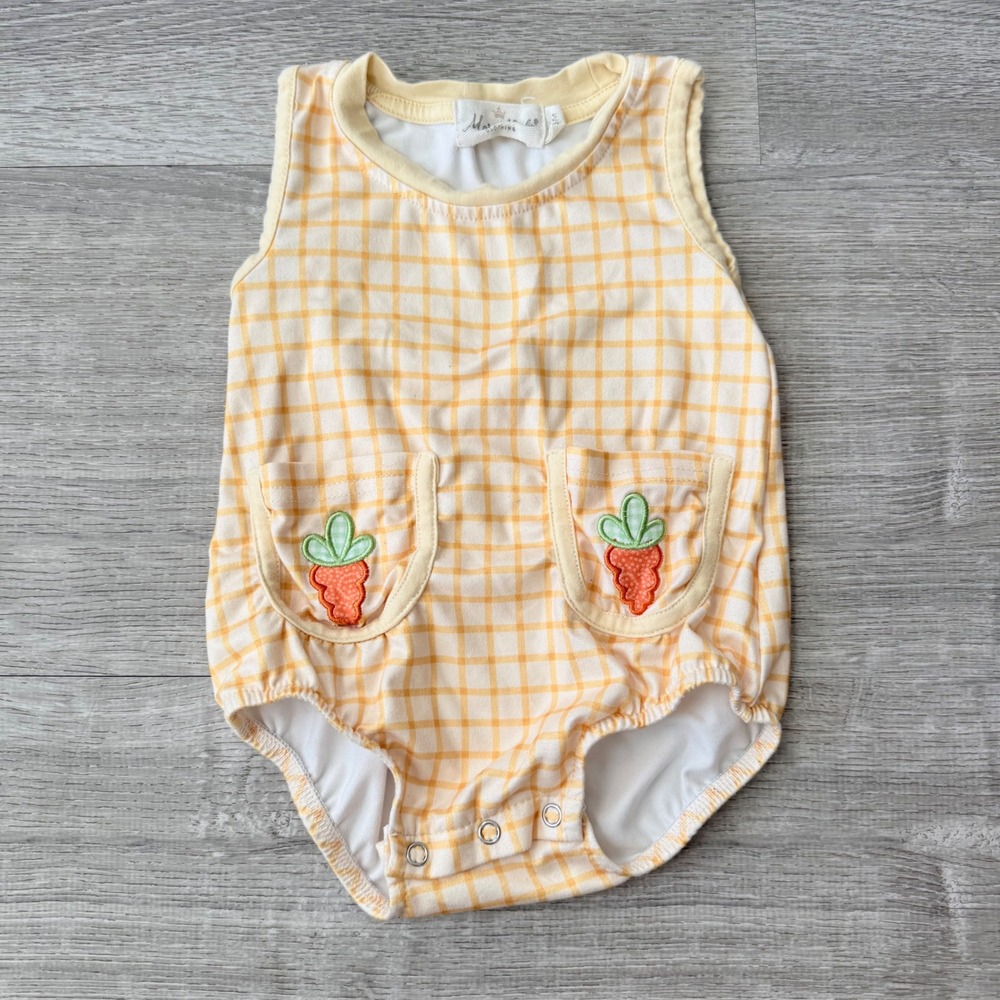 Marie Nicole Orange Gingham Carrot Embroidered Bubble Romper 3-6M